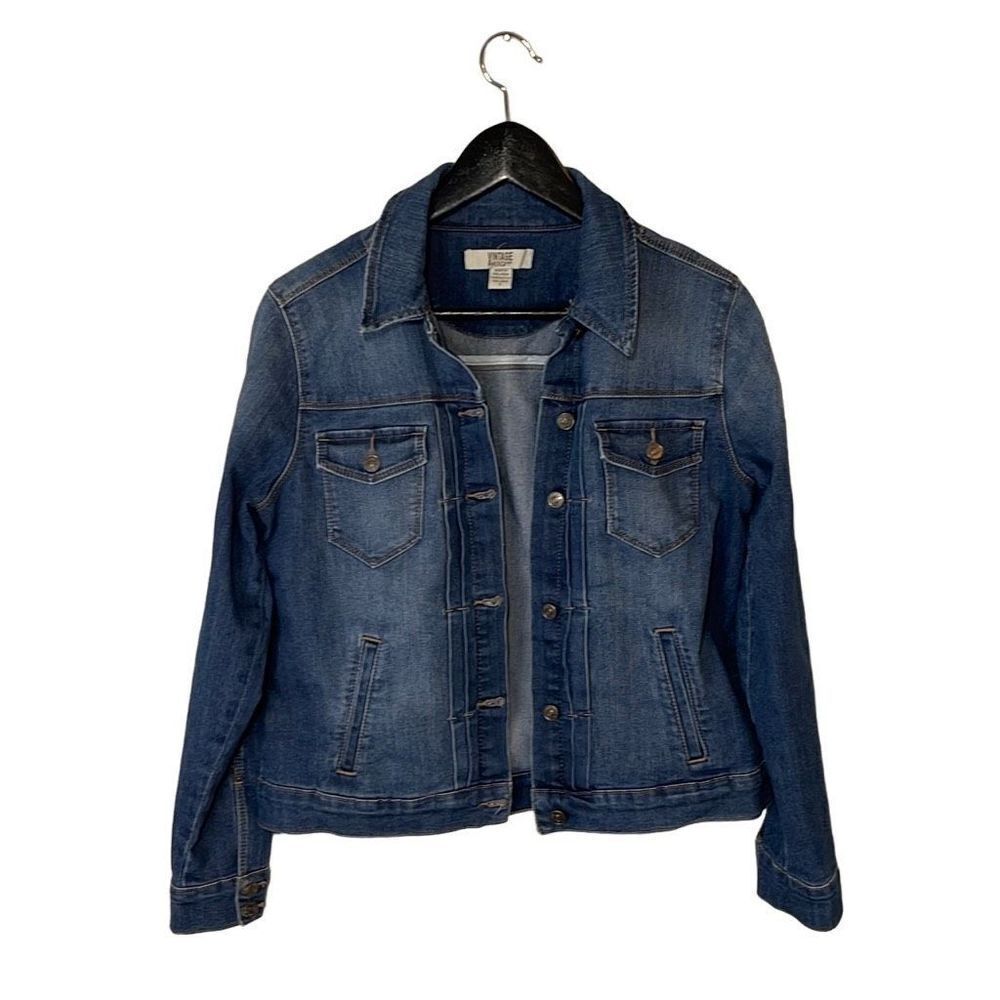 Vintage America Blues Womens Jean Jacket Button Up Denim Pocket Crop Blue‎ Small